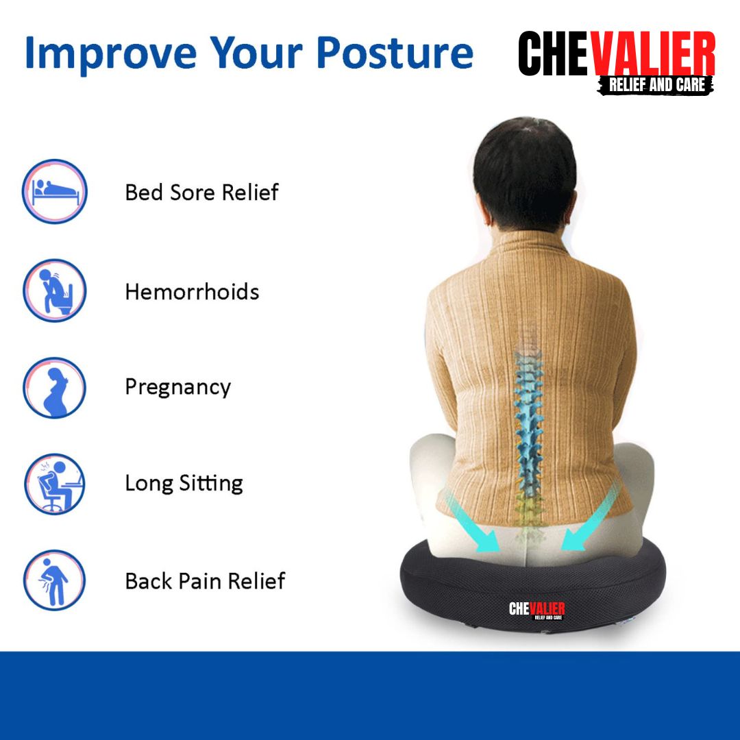 CHEVALIER Donut Round Ring Coccyx Seat Cushion for Piles Patients, Pregnancy | Soft Foam Pillow/Cushion Chair, Black