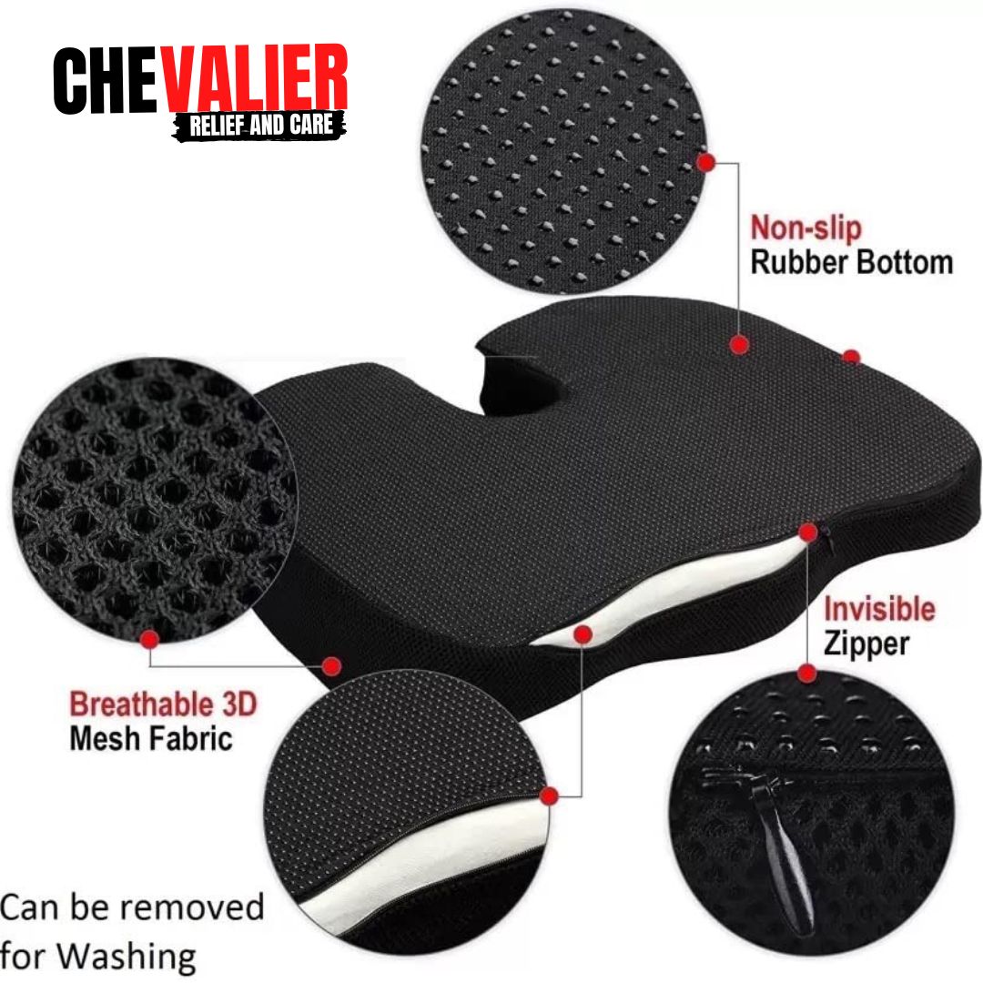 CHEVALIER Ergonomic Coccyx Seat Cushion with Tailbone Cut-Out for Car Sitting | Back Pillow/Cushion and Office Chair, Black