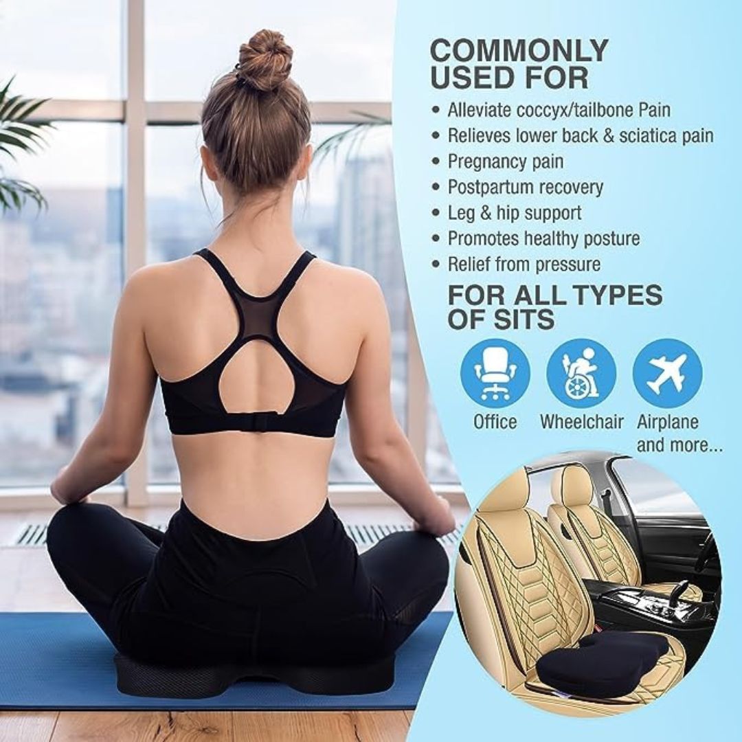 CHEVALIER Ergonomic Coccyx Seat Cushion with Tailbone Cut-Out for Car Sitting | Back Pillow/Cushion and Office Chair, Black