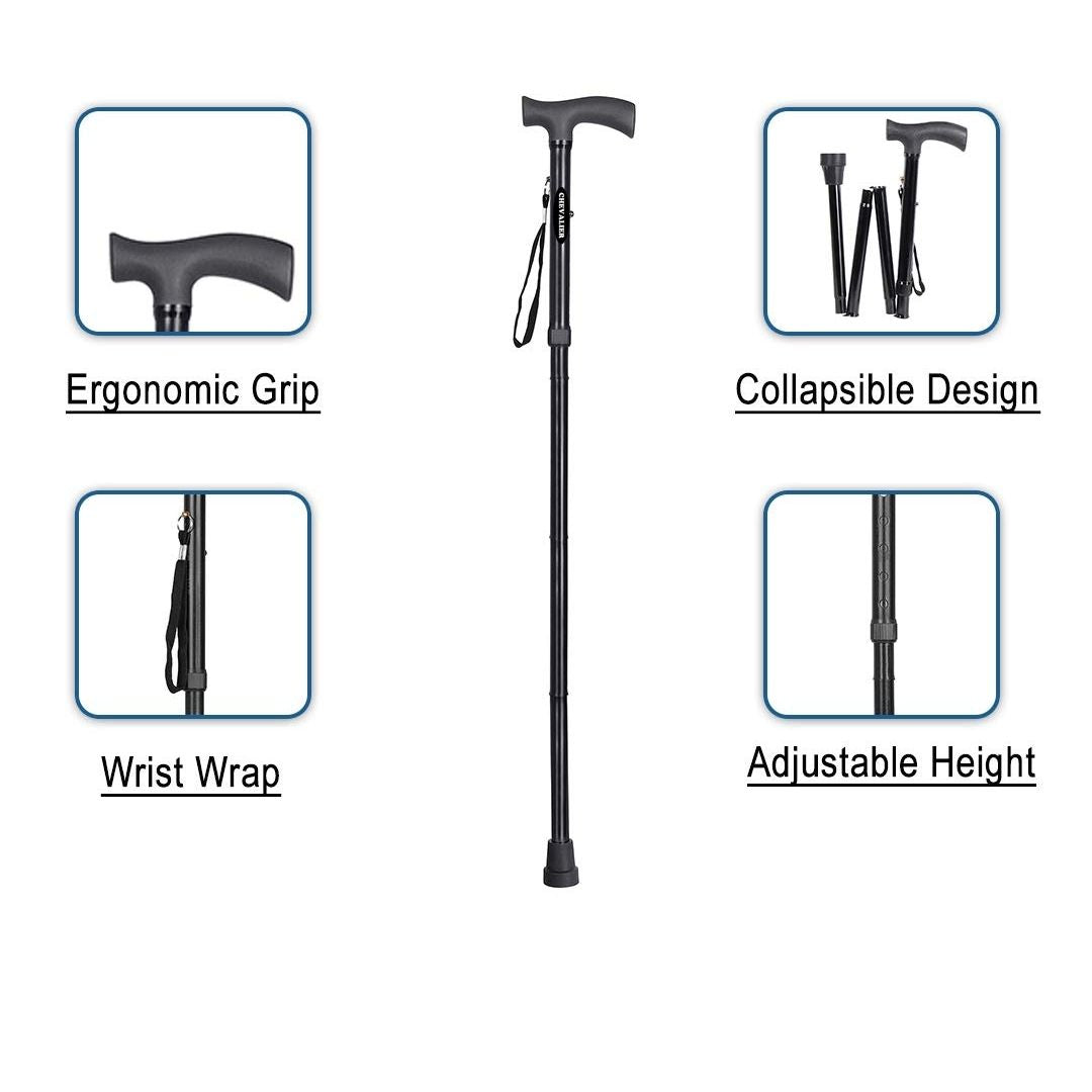 CHEVALIER 4 Fold Walking Stick Foldable and Adjustable Height for Old Senior People and Patient