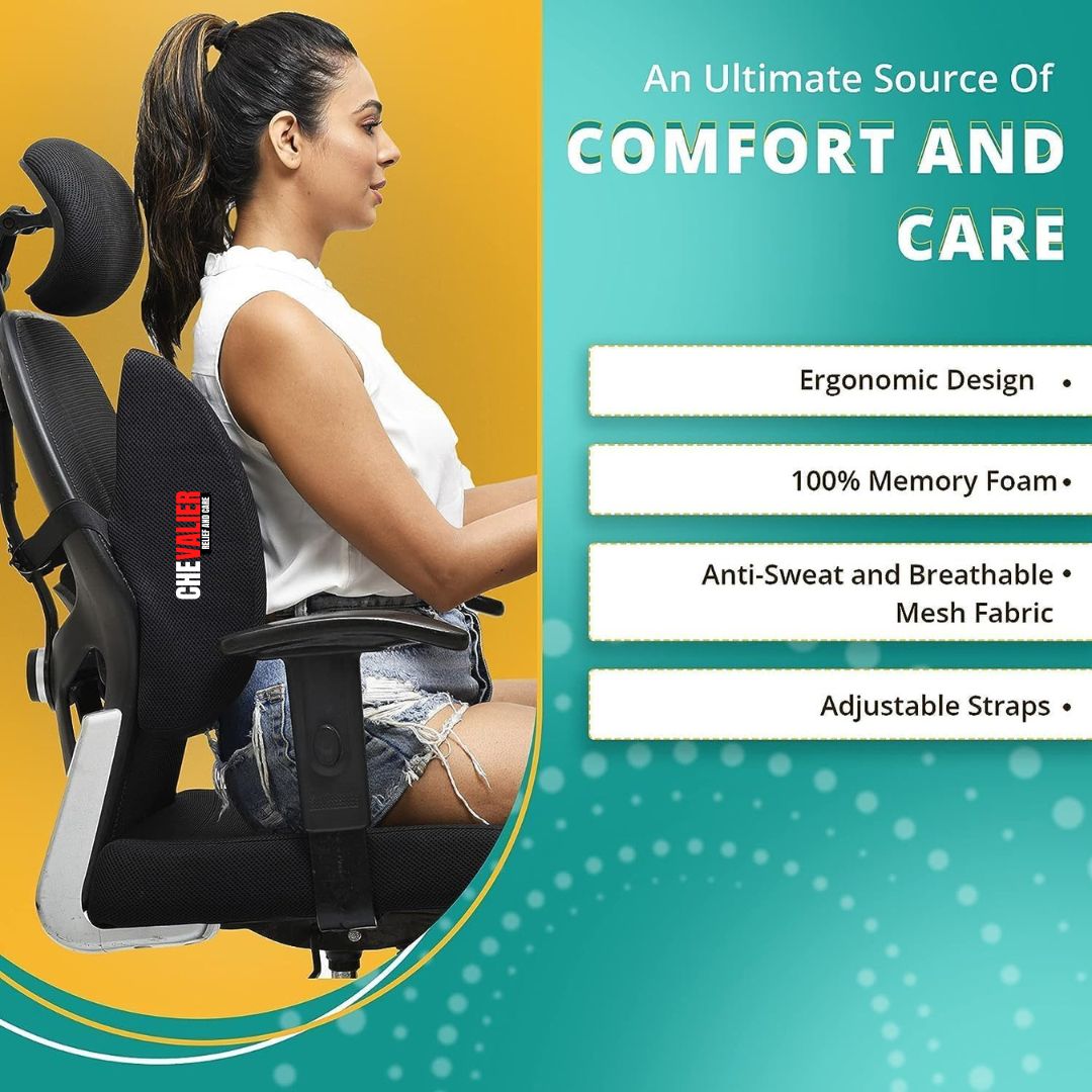 CHEVALIER Lumbar Support Backrest Compatible with Car, Office Chair for Back Pain Relief - Back Pillow for Sitting with  Universal Size, Black