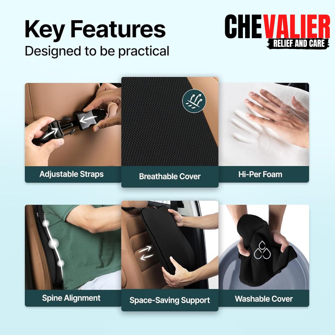 CHEVALIER Lumbar Support Backrest Compatible with Car, Office Chair for Back Pain Relief - Back Pillow for Sitting